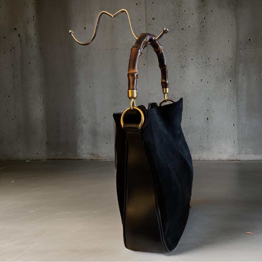 GUCCI | Bamboo Vintage Black Suede and Leather Top Handle Hobo Bag w Dust Bag - Picture 4 of 7